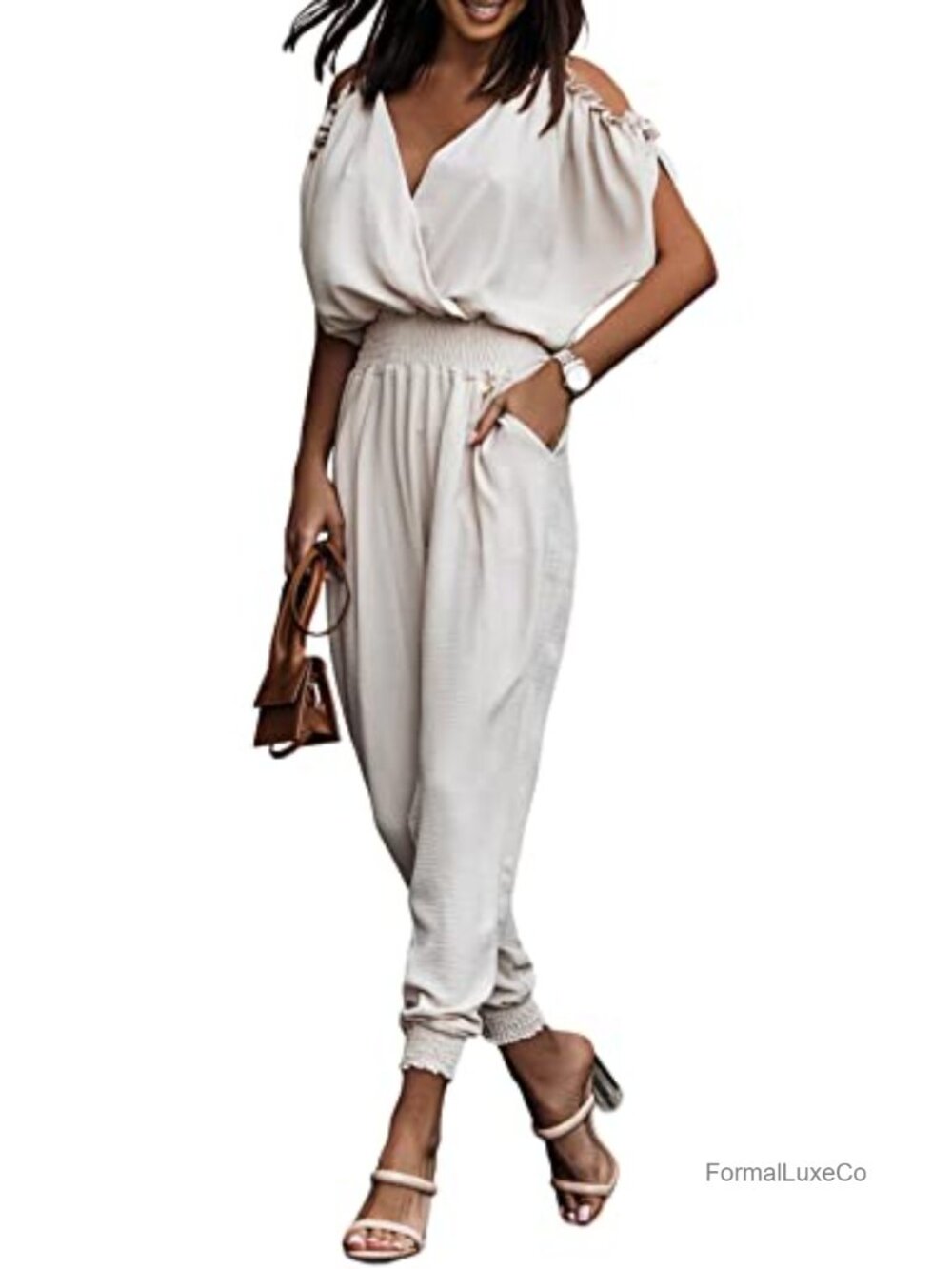 Women's One Piece Long Pants Romper Jumpsuit Cold Shoulder with Pockets